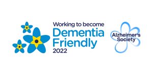 Logo: Working to become Dementia Friendly 2022 (with Alzheimer's Society logo)