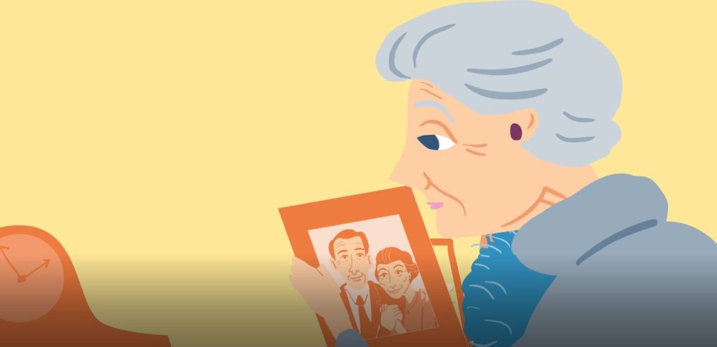 Illustration with older woman holding a photo of a couple