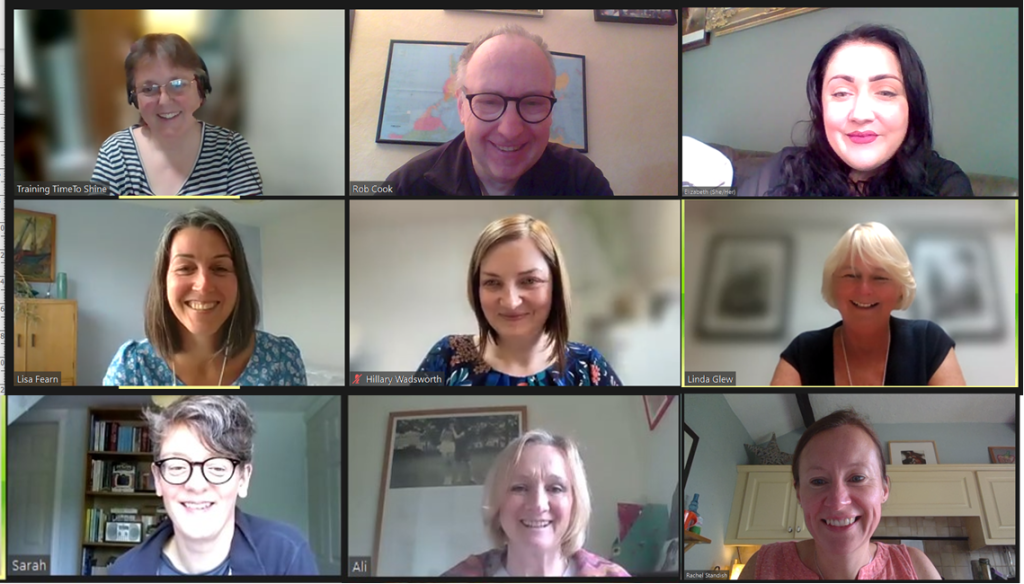 portraits of nine LOPF staff members in a meeting on Zoom