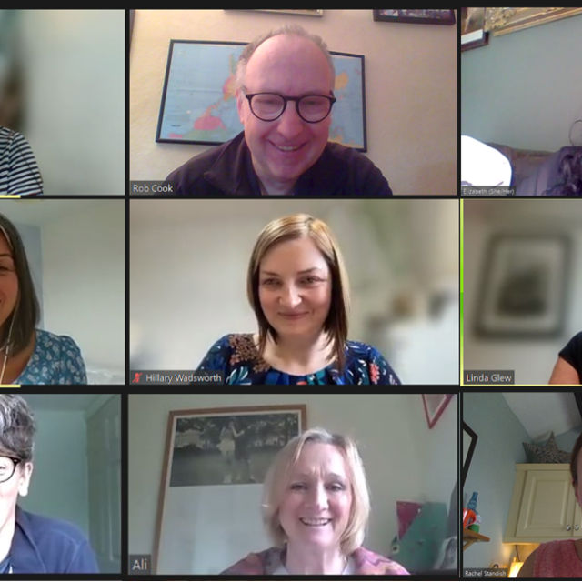 portraits of nine LOPF staff members in a meeting on Zoom