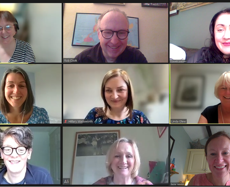 portraits of nine LOPF staff members in a meeting on Zoom