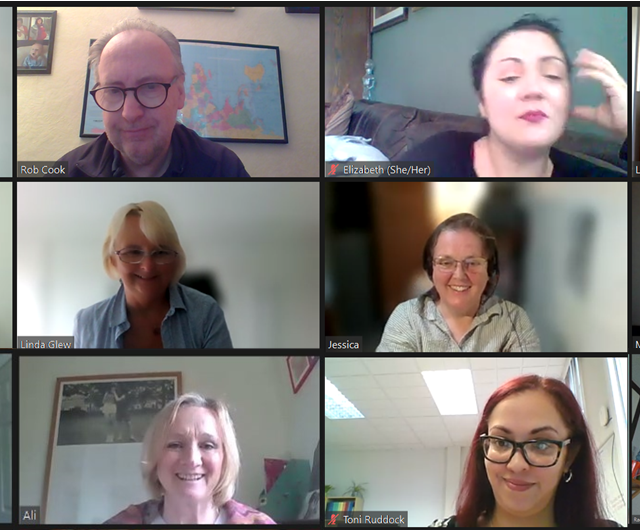 Faces of 12 LOPF staff in a zoom meeting