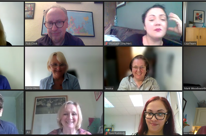 Faces of 12 LOPF staff in a zoom meeting
