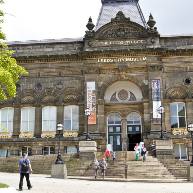 Front of Leeds City Museum, on a sunny day