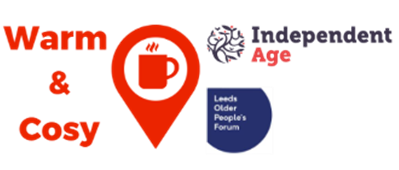 Warm & cosy 'hot cuppa' logo, combined with LOPF and Independent Age logos