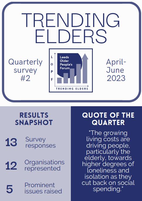 Front cover of Trending Elders Quarterly survey April-June 2023, showing headings of 'Results snapshot' and 'Quote  of the quarter'.