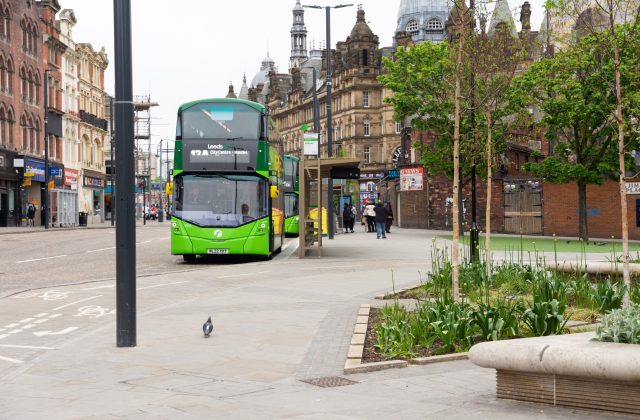 Image shows a bus in Leeds City Centre