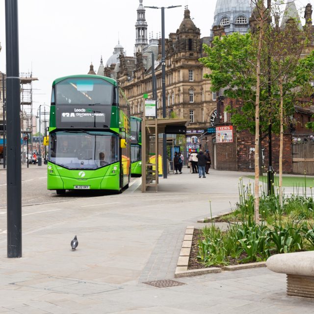 Image shows a bus in Leeds City Centre